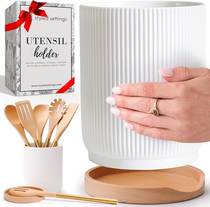 STYLED SETTINGS White Ceramic Utensil Holder by STYLEDSETTINGS