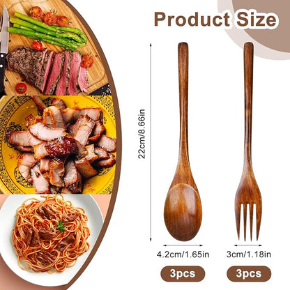6 Pcs Wooden Forks and Spoons Reusable Wooden Spoons Forks Set Eating Utensil - Image 2