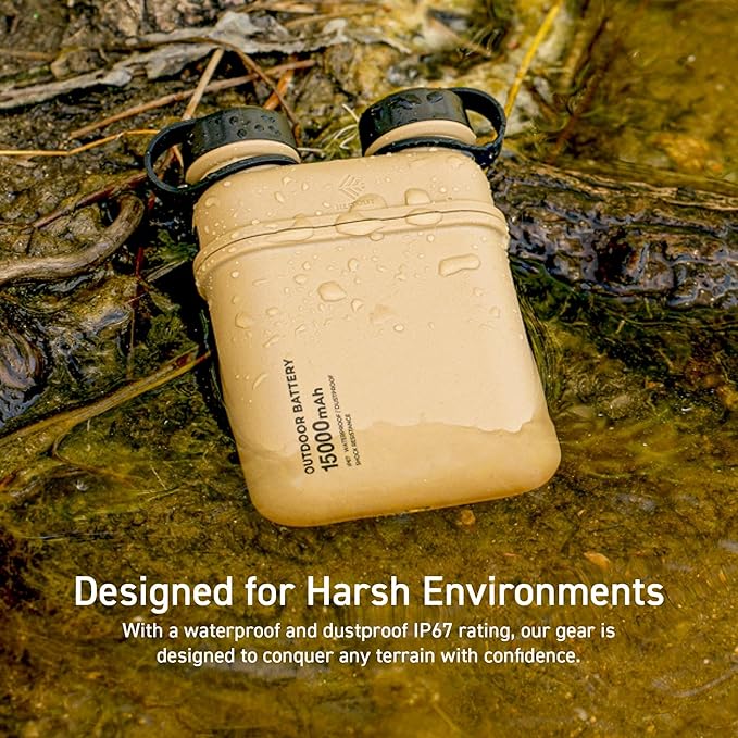 ELECOM NESTOUT Rugged Power Bank, 15000mAh Outdoor Charger, 32W USB-C Fast Charging PD, Waterproof IP67, Durable Shockproof, Battery Pack for iPhone Tablet Hiking Travel Camping (Beige, 15000mAh)