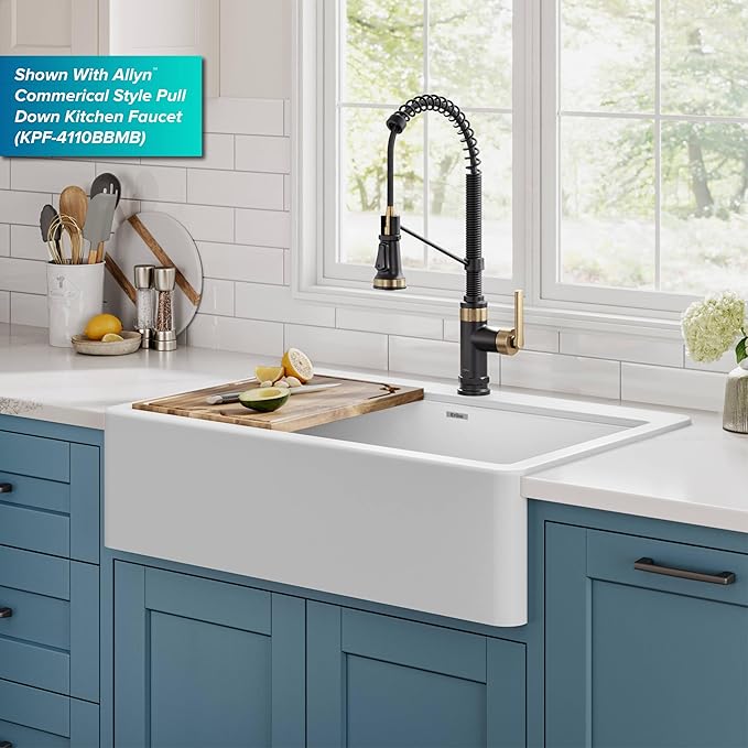 KRAUS Bellucci 33” Workstation Drop In Retrofit Farmhouse Single Bowl Granite Kitchen Sink in White with Accessories