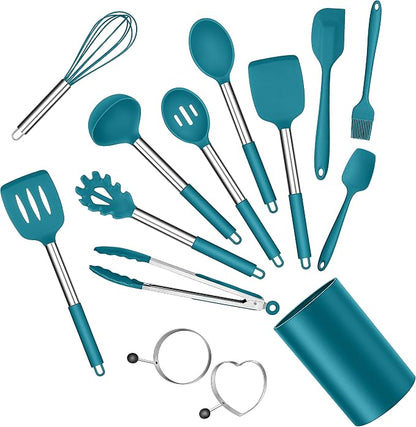 Silicone Cooking Utensils Set, E-far 14-Piece Blue Kitchen Utensils Set by E-far