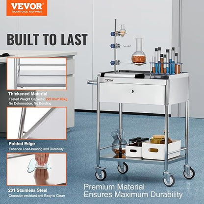 VEVOR Medical Cart, 2-Layer Stainless Steel Cart 220 lbs Weight Capacity - Image 2