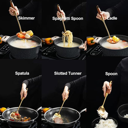 Gold Kitchen Utensils Set, Solid and Slotted Spoon, Slotted Tunner, Spaghetti - Image 2