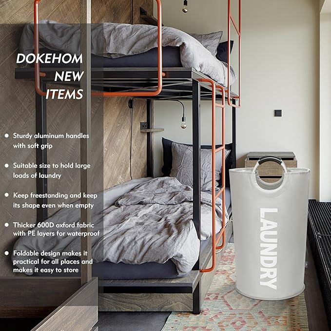 DOKEHOM 90L Large Laundry Basket, Collapsible Laundry Bag, Freestanding Tall Clothes Hamper, Foldable Washing Bin (Grey)