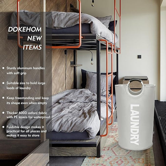 DOKEHOM 90L Large Laundry Basket, Collapsible Laundry Bag, Freestanding Tall Clothes Hamper, Foldable Washing Bin (Grey)