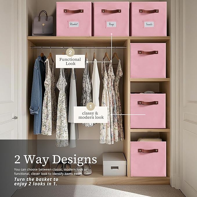 DECOMOMO Storage Baskets, 13x15x13 Storage Cube Bins with Labels for Organizing Shelves Kallax (Kallax / 4pcs, Pink)