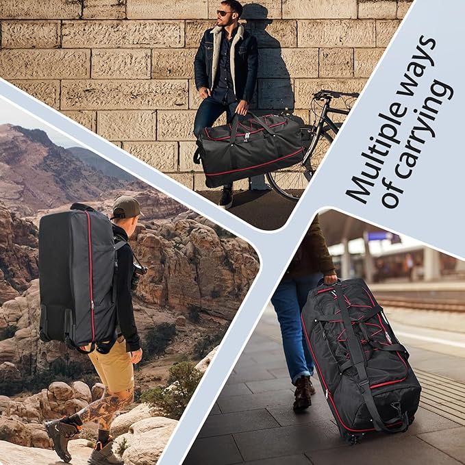 110L Expandable to 140L 32” Foldable Oxford Soft-Sided Rolling Duffle Bag with 2 Heavy-Duty Wheels,3 Large Compartments,Adjustable Shoulder Strap and Attached Organizer Pouch,Black Red