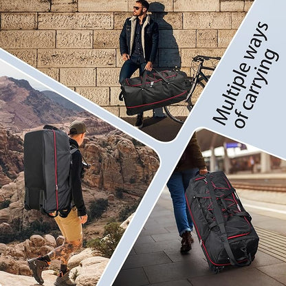 110L Expandable to 140L 32” Foldable Oxford Soft-Sided Rolling Duffle Bag with 2 Heavy-Duty Wheels,3 Large Compartments,Adjustable Shoulder Strap and Attached Organizer Pouch,Black Red