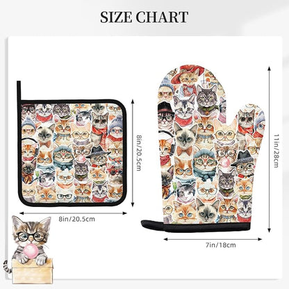 Cute Cat Oven Mitts and Pot Holders Sets 3PCS, Cat Silicone Heat Resistant Oven - Image 2