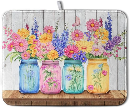 Daisy Dish Drying Mat for Kitchen Counter Spring Summer Flowers Vases Dishes by Kwlegh