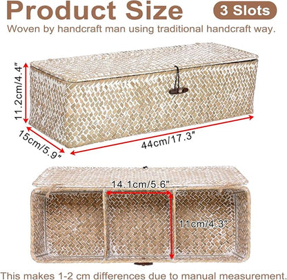 Hipiwe Storage Basket with Lid 3 Sections Handwoven Seagrass Basket Rectangular - Image 3