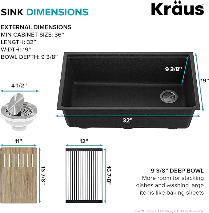 KRAUS Bellucci Workstation 32 in. Undermount Granite Composite Single Bowl Kitchen Sink in Metallic Black with Accessories with WasteGuard™ Continuous Feed Garbage Disposal, KGUW2-33MB-100-75MB
