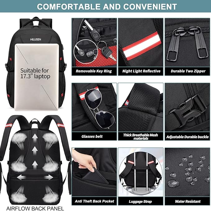 HILUSEN Extra Large Backpack for Men 50L, Insulated Cooler Lunch Box Backpack, Water Resistant 17inch Travel Laptop Work Bookbag with USB Charging Port,Black