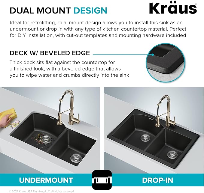 KRAUS Forteza 33-inch Drop In/Undermount 60/40 Double Bowl Granite Kitchen Sink in Black, KGD-50BLACK