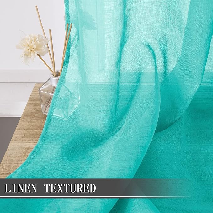 Tollpiz Sheer Tier Curtain Linen Textured Half Kitchen Curtains Sheer Light Filtering Rod Pocket Voile Small Curtains for Bathroom, 25 x 36 inches Long, Aqua Blue, Set of 2 Panels