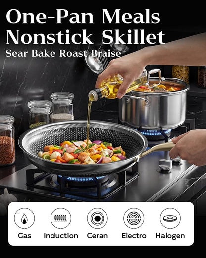Nonstick Frying Pan Set, 8+10+12 Inch, Honeycomb Stainless Steel Skillet Pans - Image 2