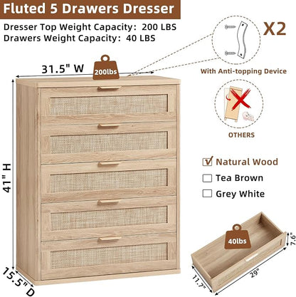 LEYAOYAO Rattan Dresser for Bedroom Set 2, Modern 5 Drawers Boho Dressers - Image 2