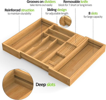 Bamboo Kitchen Drawer Organizer, Expandable Silverware Organizer - Image 9