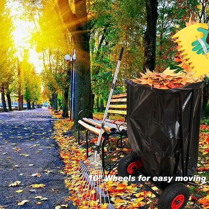 Mobile Trash Bag Holder Outdoor Lawn Leaf Bag Holder with Leaf Chute Metal Rake & 15 Count 39 Gallon Drawstring Trash Bags | Holds 35-65 Gallon Leaf Bags for Leaves Weeding Camping Party
