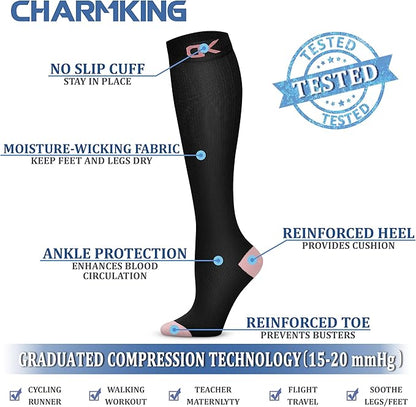 CHARMKING Compression Socks for Women & Men Circulation (3 Pairs) 15-20 mmHg is Best Support for Athletic Running Cycling