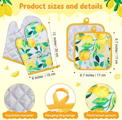4 Pcs Oven Mitts and Pot Holders Cute Lemon Oven Gloves and Pot Holders Heat - Image 2