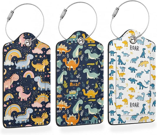 Cute Funny Dinosaurs 3 PCS Luggage Tags, Colorful Dinosaurs Leather Suitcase Tags with Privacy Cover Name Address Labels and Durable Steel Loop for Men/Women Travel Bag Suitcases