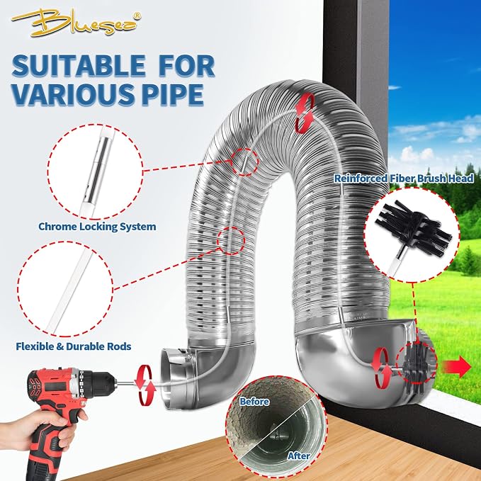 Bluesea 7 Pieces 16 Feet Dryer Vent Cleaner Kit, Reinforced Nylon Dryer Vent - Image 2