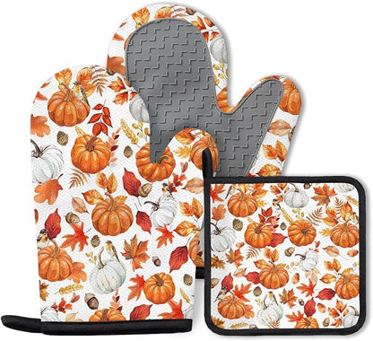 Thanksgiving Pumpkin Oven Mitts and Pot Holders, Fall Oven Mitts Sets of 3 by Unknown