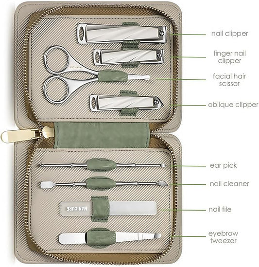8-Piece Manicure Pedicure Set-Stainless Steel Nail Clippers Toenail Fingernail Cutters with Travel Case Complete Grooming Kit (Green)