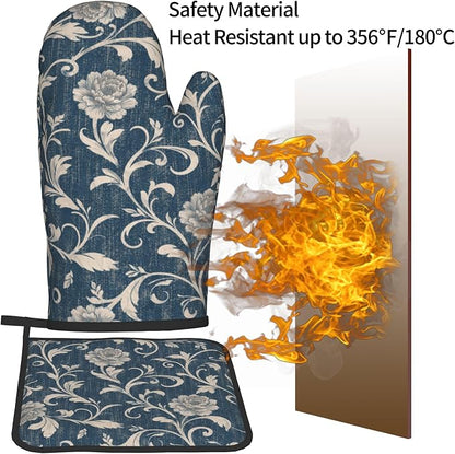 Navy Blue Oven Mitts and Pot Holders Vintage Floral Kitchen Accessories Set of - Image 5