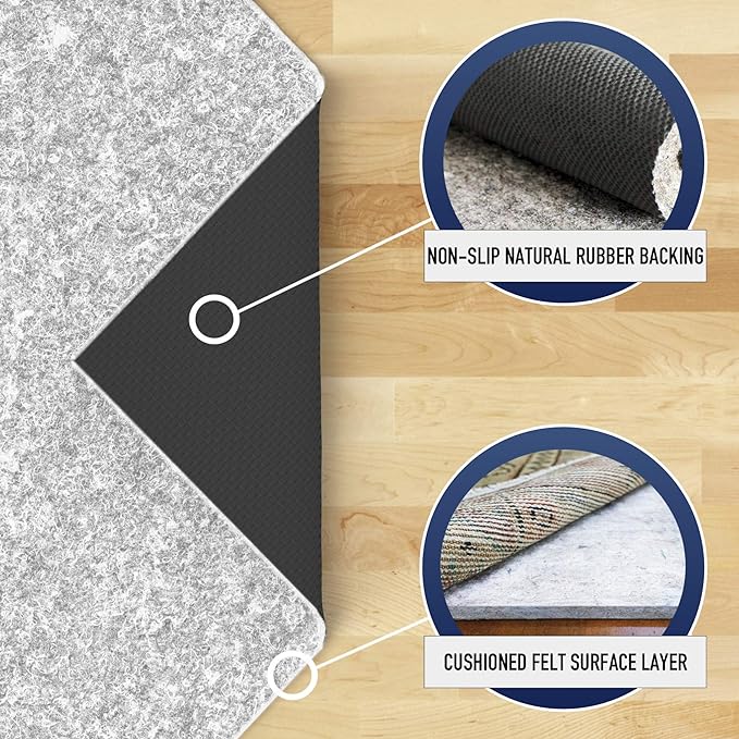 RUGPADUSA - Dual Surface - 7'x10' - 1/4" Thick - Felt + Rubber - Non-Slip Backing Rug Pad - Safe for All Floors