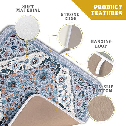 Boho Flower Dish Drying Mat Blue Bohemian Dishes Drainer Rack Mat 16x18 Inch - Image 4