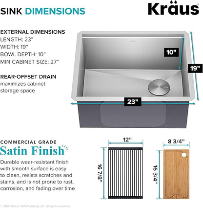 KRAUS Kore 23-Inch Undermount Workstation 16 Gauge Single Bowl Stainless Steel Kitchen Sink with Accessories, KWU111-23