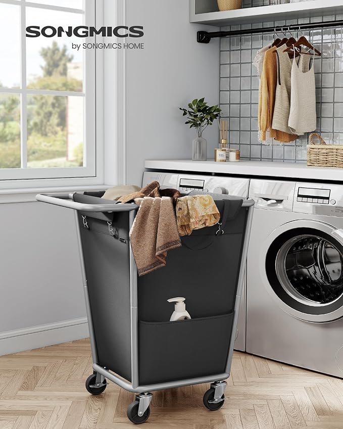 SONGMICS Laundry Basket with Wheels, 34.3 Gallons (130 L) Rolling Laundry Hamper with Removable Bag, Heavy-Duty Steel Frame, Ink Black URLS008B01