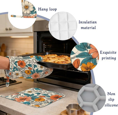 Vintage Floral Potholders & Oven Mitts Sets Abstract Flowers Silicone Heat - Image 4