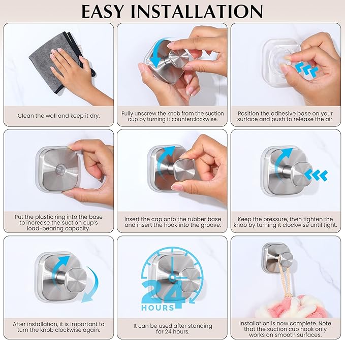 Suction Cup Hooks for Shower - Reusable No-Drill Mounting - Hooks for Towels, Robes & Loofah on Metal, Glass, Mirrors, Tile & Smooth Non-Porous Surfaces (2, Brushed Nickel)