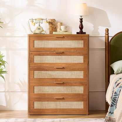 LEYAOYAO Rattan Dresser for Bedroom Set 2, Modern 5 Drawers Boho Dressers - Image 4