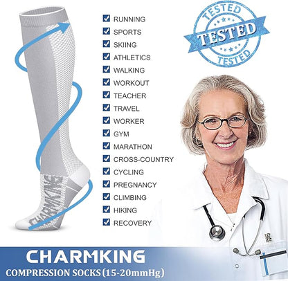 CHARMKING Compression Socks for Women & Men Circulation (3 Pairs) 15-20 mmHg is Best Support for Athletic Running Cycling