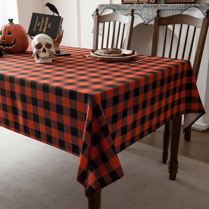Orange Gingham Tablecloth Fabric by Essifunia