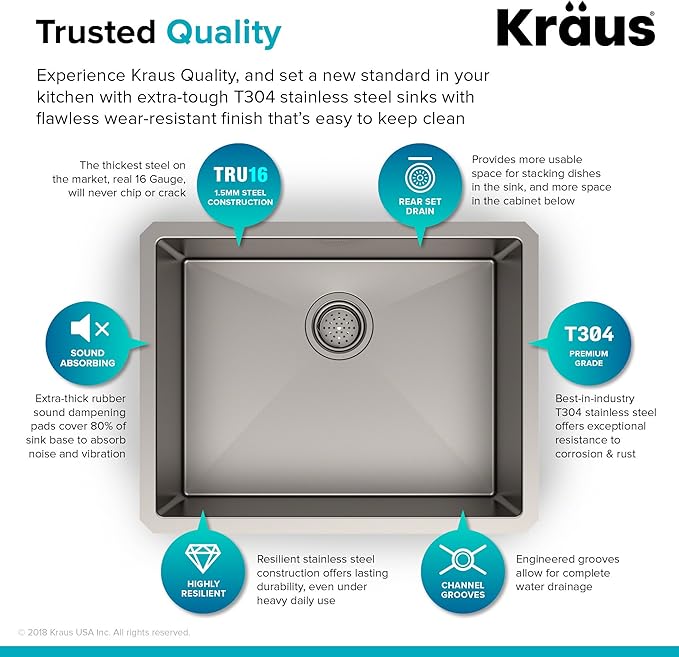 KRAUS Standart PRO™ 23-inch 16 Gauge Undermount Single Bowl Stainless Steel Kitchen Sink with WasteGuard™ Continuous Feed Garbage Disposal, KHU101-23-100-75MB