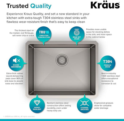 KRAUS Standart PRO™ 23-inch 16 Gauge Undermount Single Bowl Stainless Steel Kitchen Sink with WasteGuard™ Continuous Feed Garbage Disposal, KHU101-23-100-75MB