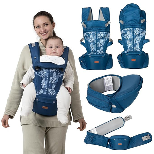 BabbleRoo Grow Carrier – 6-in-1 Baby Carrier with Hip Seat, Ergonomic, Cozy & Adjustable Toddler Carrier 7-50 lbs with Hip & Lumbar Support, Hood for Sun Protection, Newborn to Toddler, Denim Leaves