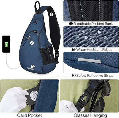 mixi Sling Bag Men Backpack Unisex One Shoulder Bag Hiking Travel Backpack Crossbody with USB Port for Men Women Versatile Casual Daypack-19 inch,Dark Blue