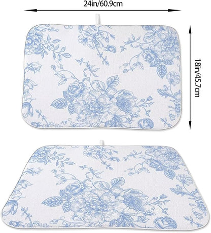 Baby Blue Chinoiserie Floral Dish Drying Mat 18 x 24 inch Vintage Flower - Image 2