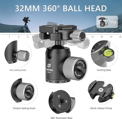 Carbon Fiber Lightweight Travel Tripod with 360° Ball Head, Reverse Folding, Removable Center Column, Folded Height 36cm, Maximum Load 8KG