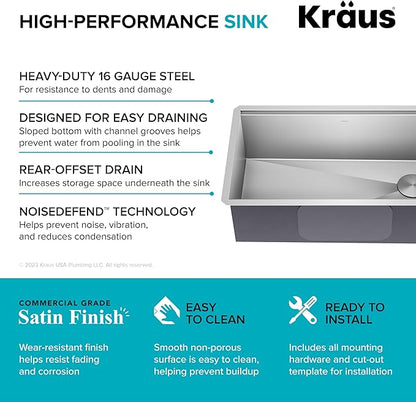 KRAUS Kore 32-Inch Undermount Workstation 16 Gauge Single Bowl Stainless Steel Kitchen Sink with Accessories, KWU110-32