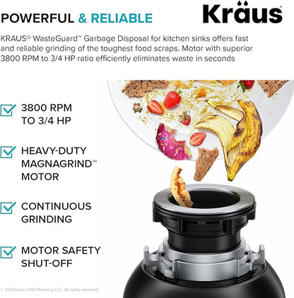 KRAUS Forteza™ 33” Dual Mount 60/40 Double Bowl Granite Kitchen Sink in Black with WasteGuard™ Continuous Feed Garbage Disposal, KGD-50BL-100-75MB