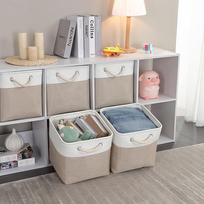 Mangata Canvas Storage Boxes, 11 Inch Cube Storage Bins Set of 6, Fabric Baskets with Cotton Rope Handle for Organizing Clothes Nursery Home (Khaki/White)