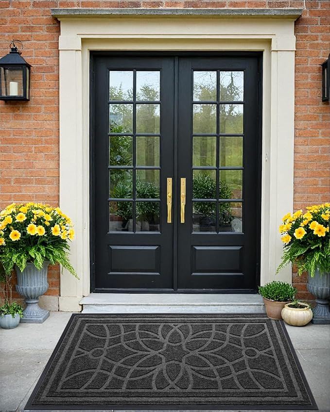 DEXI Front Door Mat Outside Entrance, Heavy Duty Non Slip Low Profile Doormat for Entryway, Trap Dirt and Moisture Welcome Mats, Easy Clean, Patio, Garage, 17x29, Grey