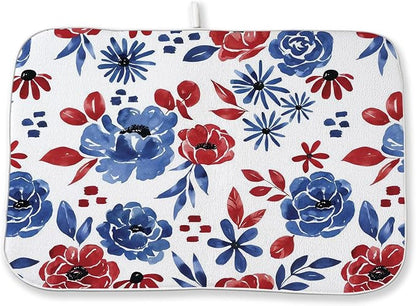 Red Blue Floral Dish Drying Mat 18x24 Inch Vintage 4th of July Drying Mat by Sorktse